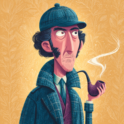 Illustration of Sherlock Holmes from Sherlock Holmes: A Game of Shadows, wearing a deerstalker hat and coat, holding a smoking pipe against a patterned orange background.
