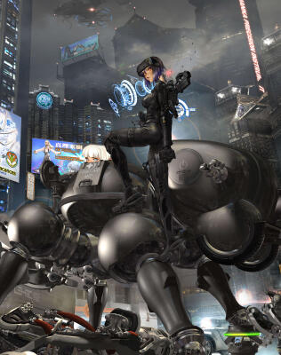 The Ghost In The Shell (2026): cybernetic woman in a black tactical suit stands atop a multi-legged spider mech in a neon, rain-soaked futuristic cityscape.
