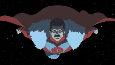 Thragg (Invincible) flies through a starfield, cape billowing, fur-trimmed red and blue armor, stern expression as he soars forward.
