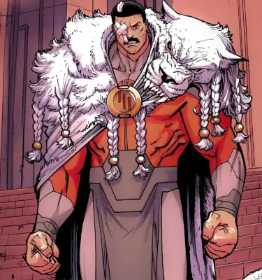 Thragg (Invincible): imposing muscular Viltrumite warlord in red armor and white beast-fur cloak with braided tassels, one eye bandaged, fists clenched.