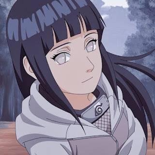Hinata Hyuga from Naruto, close-up showing pale Byakugan eyes, dark hair, white hooded jacket and Konoha forehead protector against a misty forest background.