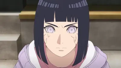 Close-up of Hinata Hyuga from Naruto, facing forward with pale lavender Byakugan eyes and visible chakra veins, dark bob haircut and a light purple jacket.
