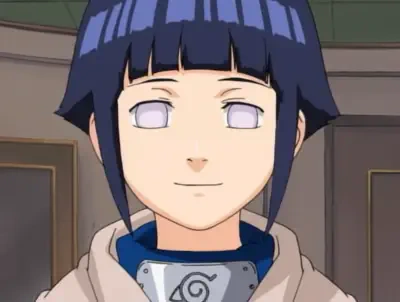 Hinata Hyuga from Naruto smiling gently, pale lavender Byakugan eyes, short dark blue hair with straight bangs, wearing a Konoha forehead protector and a light jacket.