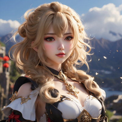 Stunning high-resolution artwork of a Genshin Impact character with golden hair and detailed costume design set against a picturesque landscape background.