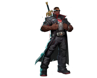 Marvel Rivals character: muscular hero in a tactical black coat with red trim, sunglasses and chest armor, sword strapped to his back, tattooed forearms, standing confidently with hands on his vest.