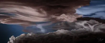 Dark, swirling layered clouds over a shadowed horizon with streaks of pale blue sky — a moody fantasy skyscape from The NeverEnding Story.