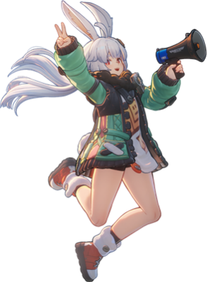 Ananta: white-haired bunny-eared girl in a green puffer jacket jumping, flashing a peace sign while holding a megaphone.