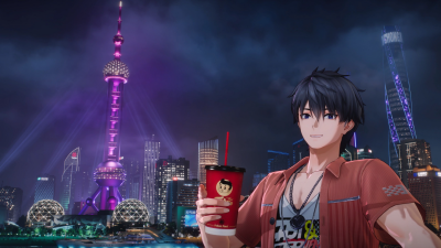 Ananta, an anime-style young man, holds a red cup with a straw, posing in front of a neon-lit waterfront cityscape with a prominent purple tower at night.