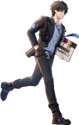 Ananta: dark-haired anime-style young man in a black suit with blue tie, mid-stride holding a film clapperboard and wearing a holstered pouch and utility straps.