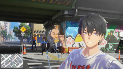 Ananta: dark-haired young man smiling for a selfie beneath a graffiti-covered overpass, a shirtless man on a walker, police and city street in the background.