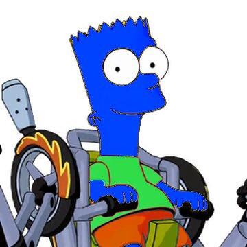 Blue Bart Simpson–style cartoon seated in a wheelchair wearing a green shirt and orange shorts — Barf Simmons (meme).
