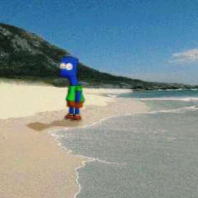 Barf Simmons (meme) standing on an empty sandy beach by gentle surf — low-res blue-headed cartoon wearing a green shirt and orange shorts.