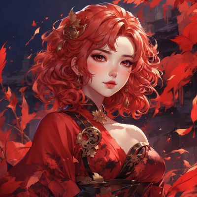 Genshin Impact inspired artwork featuring a character with red curly hair and ornate dress against a backdrop of vibrant autumn leaves.