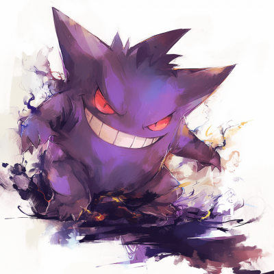 Artistic illustration of Gengar, a popular ghost-type Pokémon, with a mischievous grin.