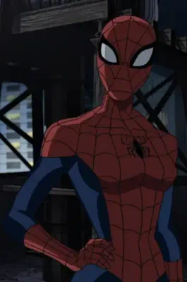 Animated Petra Parker in a red-and-blue Spider-Man suit stands on a dim rooftop at night, hand on hip, white eye lenses and a black spider emblem on her chest.