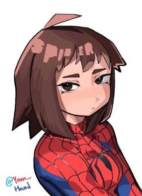 Illustration of Petra Parker in a red-and-blue spider suit, short brown hair with a small tuft, half-lidded eyes and a slight blush, looking mildly unimpressed.