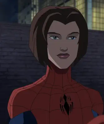 Animated portrait of Petra Parker in a red Spider-Man suit, short brown hair and blue eyes, spider emblem on her chest, set against a dim city wall and lit windows in the background.