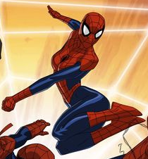 Animated Petra Parker in a red-and-blue webbed spider suit, masked and mid-leap with fist forward and legs tucked against an orange burst background.
