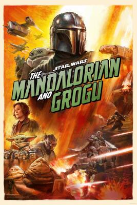Poster illustration of the Mandalorian in beskar helmet holding Grogu, surrounded by spacecraft, explosions and action scenes, with the title The Mandalorian and Grogu.