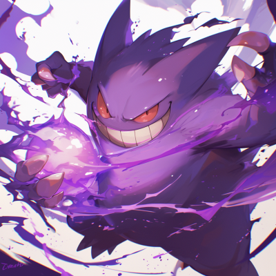 Dynamic illustration of Gengar, the Ghost/Poison-type Pokémon, with a fierce expression surrounded by a purple aura.
