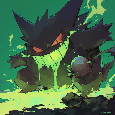 Artistic illustration of Gengar, a popular Pokemon, with a menacing expression set against a green, dynamic background.