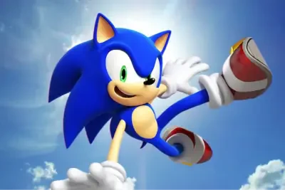Sonic the Hedgehog from Sonic the Hedgehog 2 leaps through a bright blue sky, grinning with white-gloved hands and red sneakers visible.