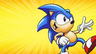 Sonic the Hedgehog in a confident running pose against a yellow radial burst background, illustrated artwork for Sonic the Hedgehog 2.
