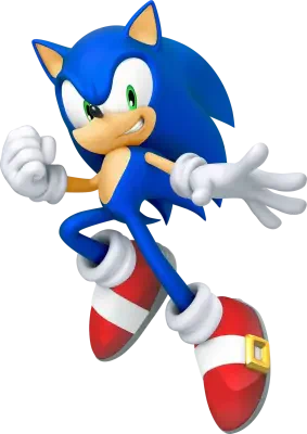 Sonic the Hedgehog from Sonic the Hedgehog 2: blue hedgehog with green eyes and white gloves mid-jump, grinning, wearing red-and-white shoes with gold buckles.