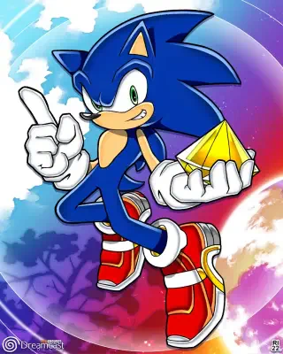 Sonic the Hedgehog, as seen in Sonic the Hedgehog 2, grins and points while holding a glowing golden Chaos Emerald against a vibrant cosmic background.