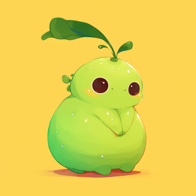 Adorable green alien character with big eyes and a leaf on its head against a yellow background.