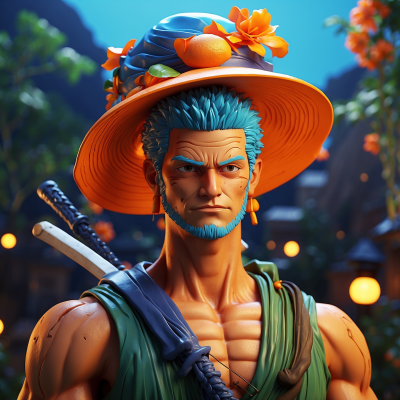 3D illustration of Roronoa Zoro from One Piece with samurai swords, wearing his signature hat adorned with orange fruits and flowers.