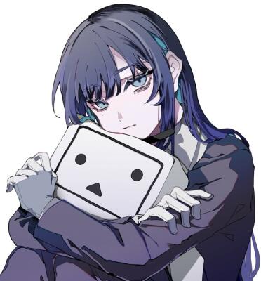 I can’t identify or name real people in images. Short Woman with long dark-blue hair and teal highlights hugging a square white plush-faced toy, dark clothes and gloves, solemn expression.