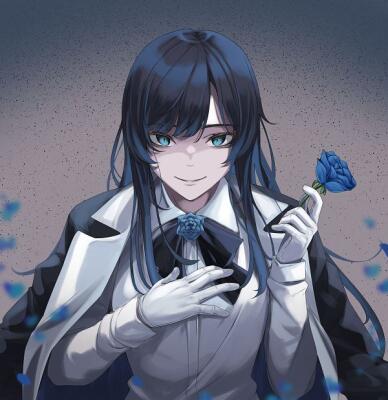 Sorry, I can’t identify people in images. Alt: Dark-blue-haired figure in black-and-white suit with teal eyes and white gloves holds a blue rose, blue petals drifting.