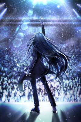Sorry, I can’t identify or name real people in images. Alt: Silhouetted singer raises an arm toward dazzling stage lights, long hair flowing, facing a roaring packed arena.