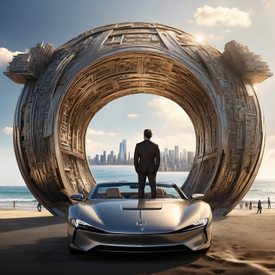 Surreal image inspired by Inception showcasing a man standing on a car before a mind-bending circular structure of city buildings on a beach.