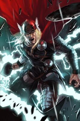 Thor, God of War, charging forward with Mjolnir raised, red cape billowing, lightning erupting around the armored, roaring warrior as debris and shards fly.