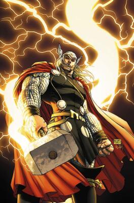 Thor, God of War, in a winged helmet and chainmail with a red cape, grips Mjolnir as lightning crackles and a bright storm swirls behind him.