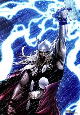 Thor, God of War, raises his hammer amid a raging lightning storm, muscles bulging, long silver hair and a flowing red cape cutting through torrential rain.