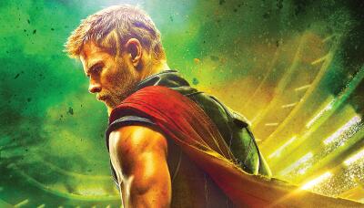 Thor, God of War, in profile wearing armor and a red cape, muscular arm exposed, looking downward against a glowing green-yellow cosmic backdrop.