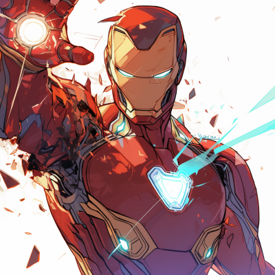 An action-packed illustration of Iron Man, showcasing his iconic red armor with glowing elements, as he extends a hand, emitting energy beams amidst flying debris.