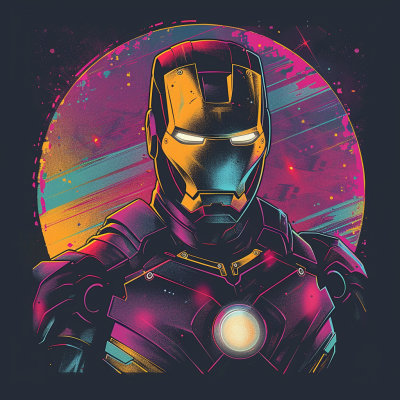 A vibrant illustration of Iron Man, featuring his iconic armor with a glowing arc reactor, set against a colorful, abstract background with splashes of pink and blue.