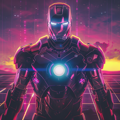 A digital representation of Iron Man stands confidently against a vibrant sunset, with a glowing arc reactor at his chest and colorful, futuristic grid patterns in the background.