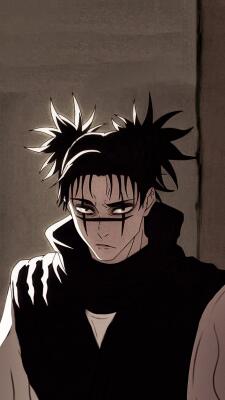 Choso (Jujutsu Kaisen) in moody shadowed light, stern expression, spiky tied hair and dark eye markings, wearing a high-collared black outfit against a concrete wall.