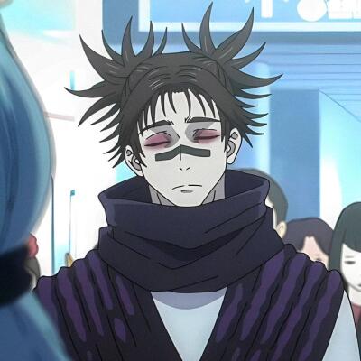 Choso (Jujutsu Kaisen) with spiky black hair, closed eyes, red under-eye markings and a black nose stripe, wearing a dark scarf and purple-striped coat in a crowded indoor scene.