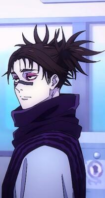 Choso (Jujutsu Kaisen) glances over his shoulder with spiky tied-back hair, purple eye markings, and a dark high-collar scarf against a cool blue background.