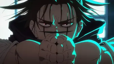 Choso (Jujutsu Kaisen) close-up: intense glare with red eyes, black facial markings and cyan cursed-energy glow radiating over clenched fists against a dark backlight.