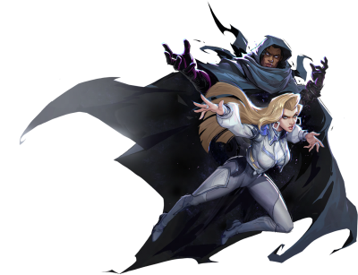 Marvel Rivals: blonde armored heroine lunges as a hooded shadow figure with glowing purple hands looms behind, dark cape billowing.
