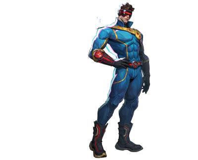 Marvel Rivals artwork of a superhero in a blue tactical suit with red visor and gauntlets, standing confidently against a black background.