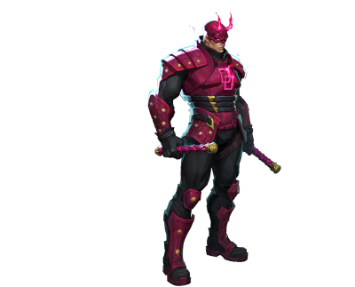 Marvel Rivals armored red-and-black vigilante with horned helmet, glowing accents and twin batons, standing in a combat-ready pose.