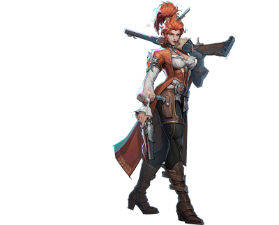 Marvel Rivals character: red-haired female gunslinger in a leather coat and boots, shouldering a rifle and carrying a pistol at her hip.